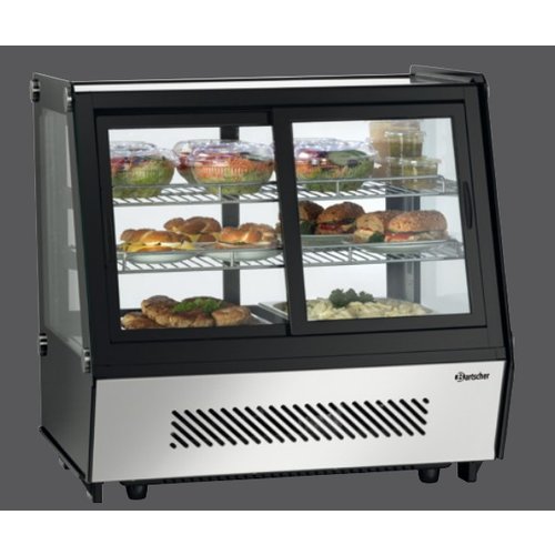 Bartscher Refrigerated Display Rectangular, 120 L, from 2°C to 12°C, Countertop with Sliding Doors, Black-Silver Bartscher Refrigerated Display Rectangular, 120 L, from 2°C to 12°C, Countertop with Sliding Doors, Black-Silver