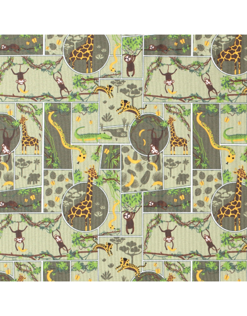 Jersey Motiv hellgrün light green Dschungel Giraffe Faultier Affe Krokodil Schlange Baumwolljersey