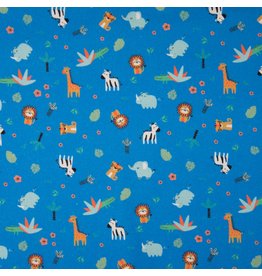 Baumwolle Motiv Zoo Tiere sky blue Löwe Zebra Giraffe Elefant