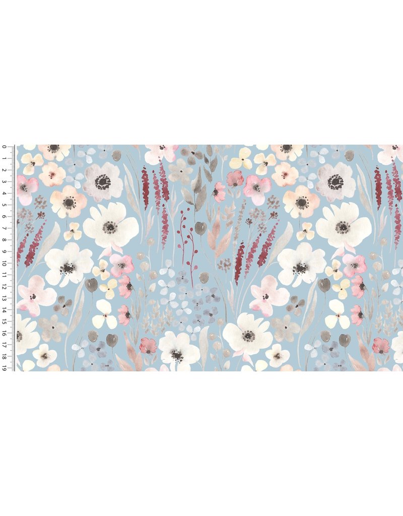 Jersey Motiv Digital toff aquarel flowers blau - MU