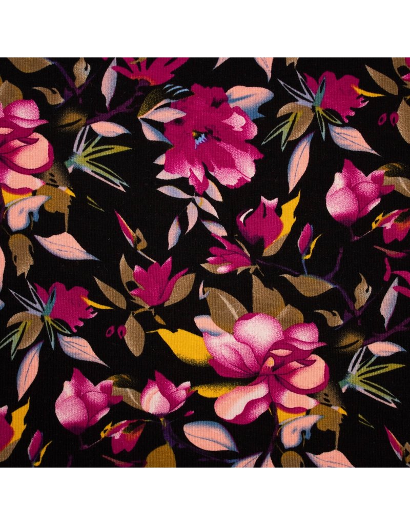 Jersey Motiv Viskose Flowers fuchsia bunt schwarz