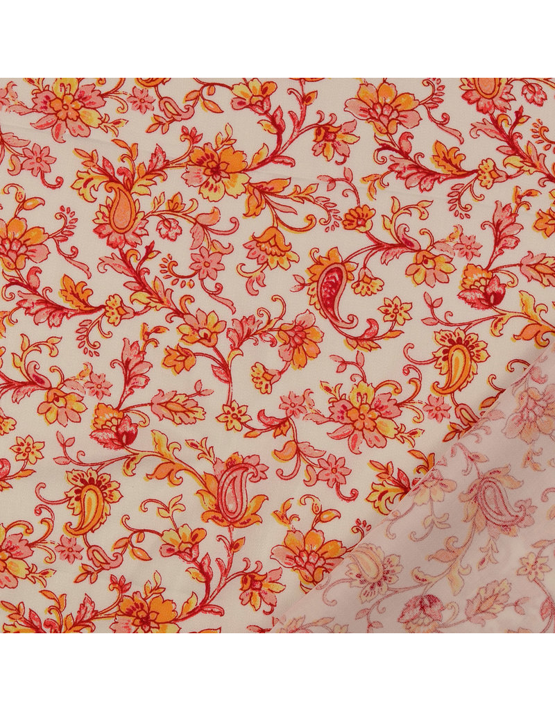 Viskose Satin Blumenranken ecru rot orange -SH