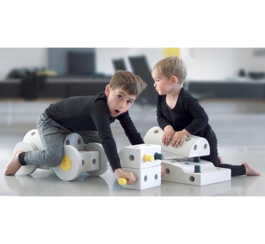 Modu Dreamer kit - Zachte blokken -33 onderdelen - Speelgoed 1 -2 -3 jaar - Mega blocks Grijs- Geel