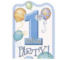 Einladung zum 1. Geburtstag mit blauen Luftballons | 8 Stück