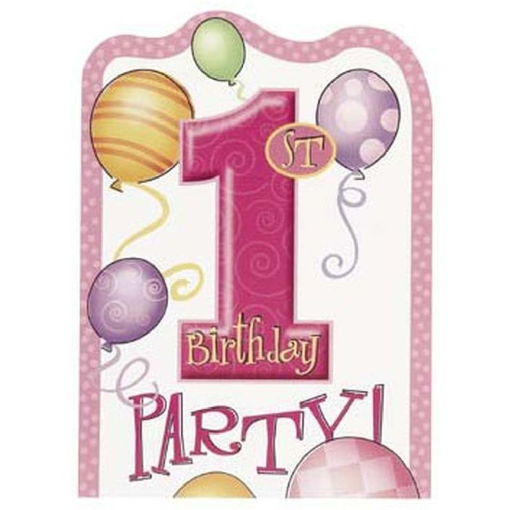 Amscan 1st birthday invitation pink balloons 8 pieces