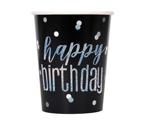 Unique Party Happy Birthday Becher, schwarz glitzernd, 266 ml | 8 Stück