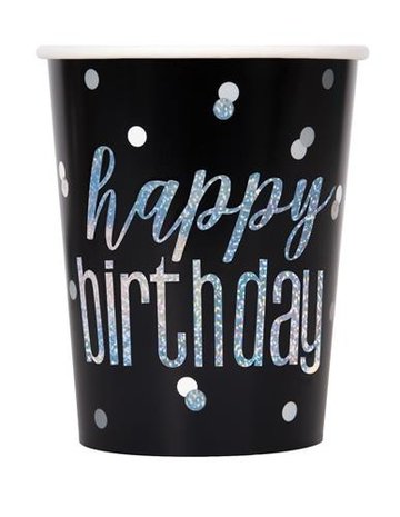 Unique Party Happy Birthday Becher, schwarz glitzernd, 266 ml | 8 Stück