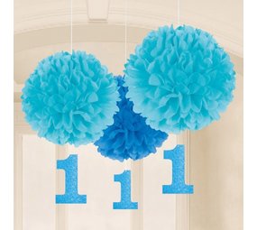 Amscan Blue Pompom 1 Year 40cm | 3 pieces