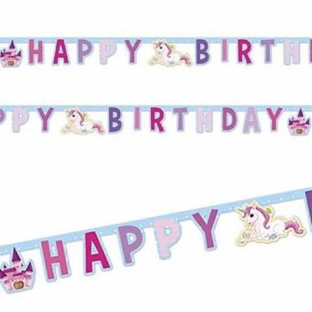 WeFiesta Guirlande de lettres « Joyeux anniversaire » Château de Licorne 180 x 15 cm | à l'unité