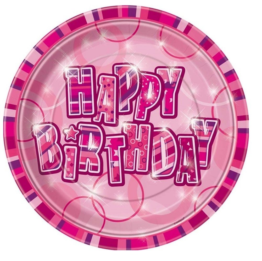 Bord Glitz Happy Birthday roze 23cm 8 stuks Bord Glitz Happy Birthday roze 23cm 8 stuks