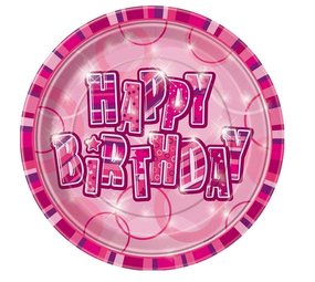 Bord Glitz Happy Birthday roze 23cm 8 stuks