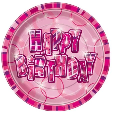 Bord Glitz Happy Birthday roze 23cm 8 stuks Bord Glitz Happy Birthday roze 23cm 8 stuks