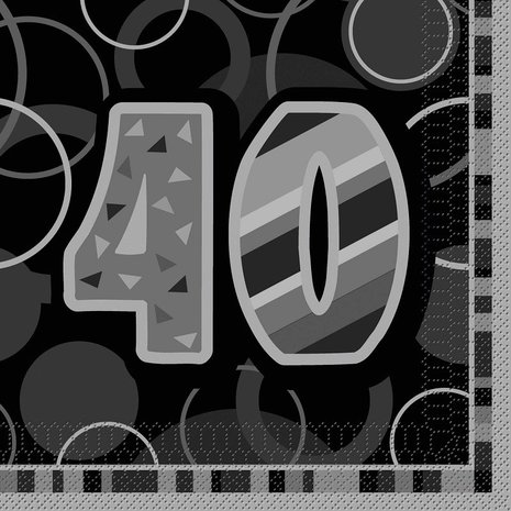 Unique Party Servietten „40 Years Glitz“, Schwarz, 33 x 33 cm | 16 Stück