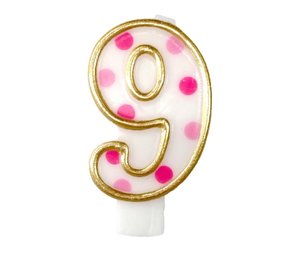 Haza - Witbaard Bougie chiffre 9 pois roses 8,5 cm | à l’unité Haza - Witbaard Bougie chiffre 9 pois roses 8,5 cm | à l’unité