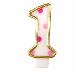 Haza - Witbaard Number 1 Candle Pink Dots 8.5 cm | per piece Haza - Witbaard Number 1 Candle Pink Dots 8.5 cm | per piece