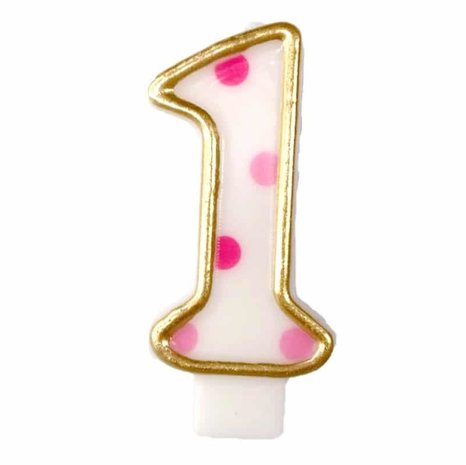 Haza - Witbaard Kaars Cijfer 1 Roze Stippen 8,5cm | per stuk Haza - Witbaard Kaars Cijfer 1 Roze Stippen 8,5cm | per stuk