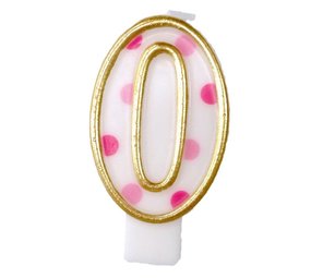 Haza - Witbaard Kaars Cijfer 0 Roze Stippen 8,5cm | per stuk Haza - Witbaard Kaars Cijfer 0 Roze Stippen 8,5cm | per stuk