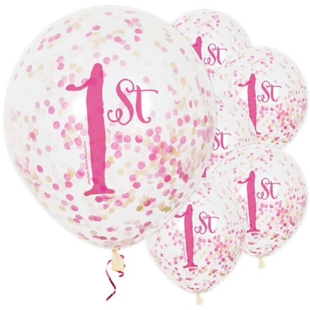 Unique Party 1 Year Balloons with Gold-Pink Confetti 30cm | 6 pieces