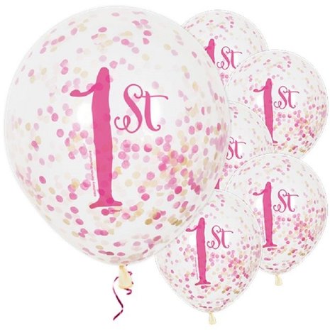 Unique Party 1 Year Balloons with Gold-Pink Confetti 30cm | 6 pieces