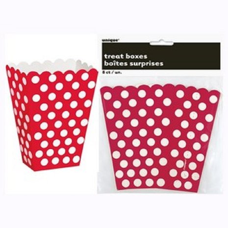 Popcorn bakje rood met witte stippen 14x9cm| 8 stuks Popcorn bakje rood met witte stippen 14x9cm| 8 stuks