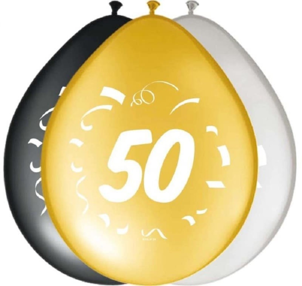 Folat 50th Birthday Balloons Silver Black Gold 30cm | 8 pieces
