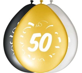 Folat Ballonnen 50 jaar Zilver Zwart Goud 30cm | 8 stuks