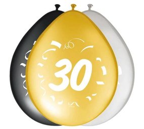 Folat 30 Years Balloons Black Silver Gold 30cm | 8 pieces