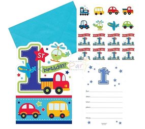 Amscan Invitation 1st birthday boy vehicles 8 pieces
