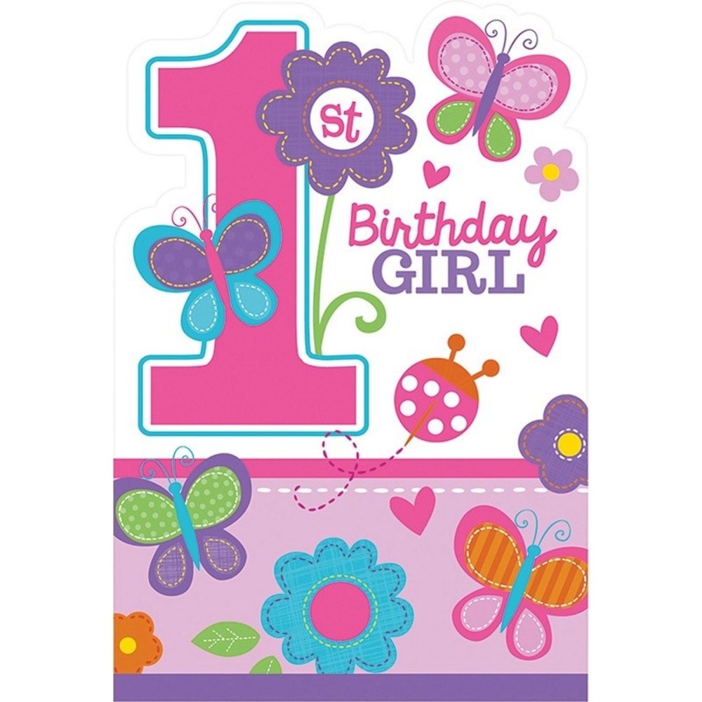 Amscan Einladungen zum 1. Geburtstag eines Mädchens mit Schmetterlingen (8 Stück)