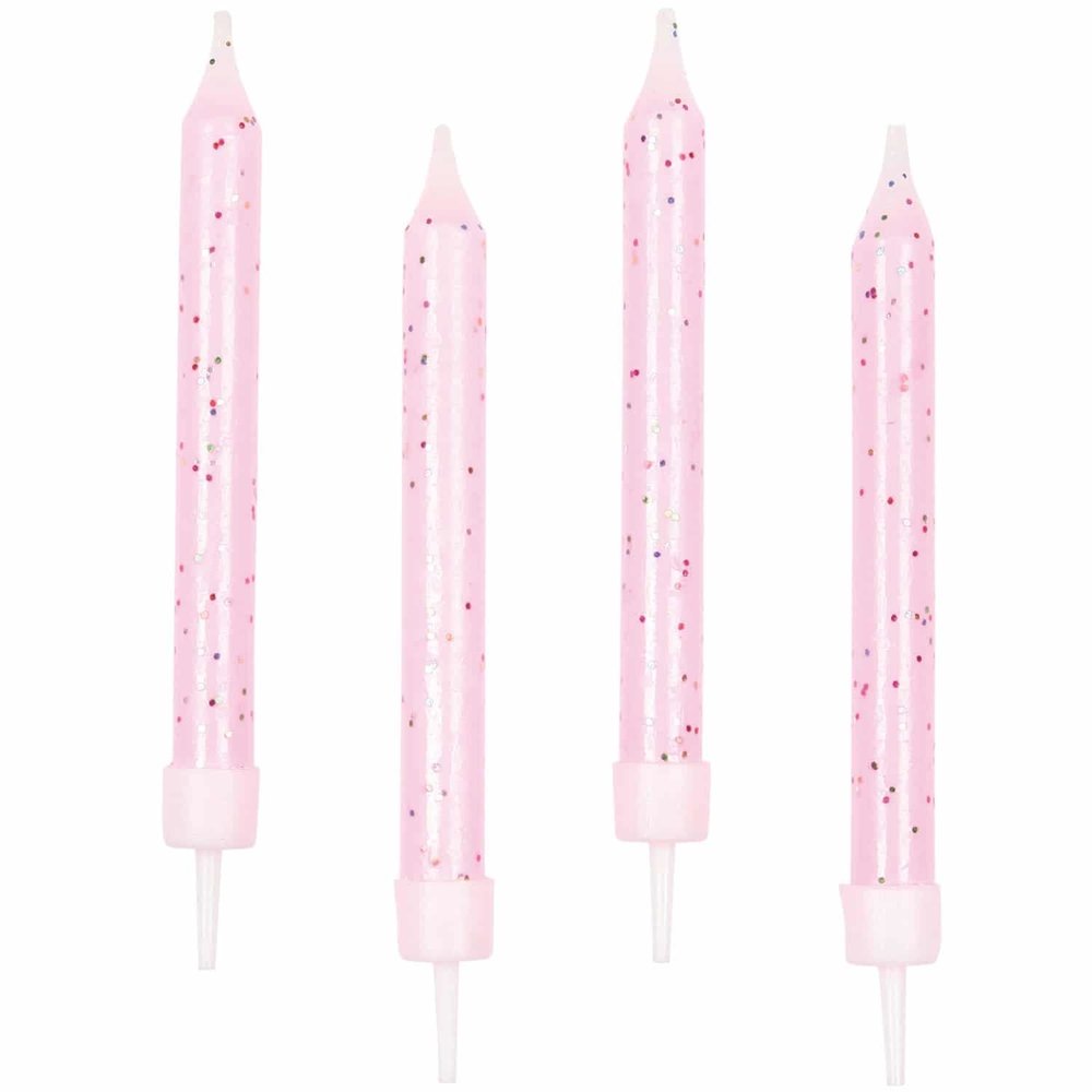 Bougies à gâteau rose clair pailletées | 12 pièces