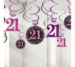 Amscan Dekorative Wirbel 21 Jahre Funkelndes Rosa | 12 Stück