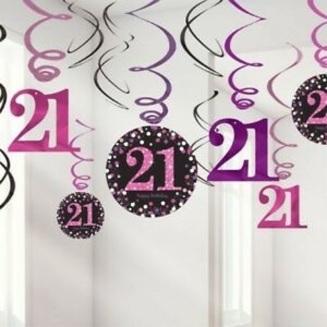 Amscan Dekorative Wirbel 21 Jahre Funkelndes Rosa | 12 Stück