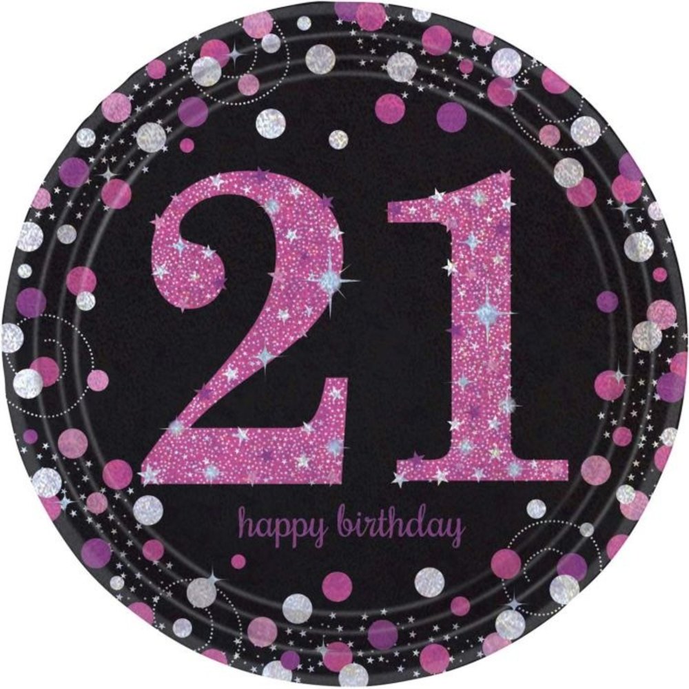 Amscan Borden 21 jaar Happy Birthday Sparkling Roze 23cm | 8 stuks Amscan Borden 21 jaar Happy Birthday Sparkling Roze 23cm | 8 stuks