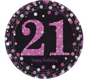 Amscan Assiettes roses scintillantes « Joyeux anniversaire 21 ans » 23 cm | 8 pièces