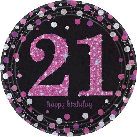 Amscan Borden 21 jaar Happy Birthday Sparkling Roze 23cm | 8 stuks Amscan Borden 21 jaar Happy Birthday Sparkling Roze 23cm | 8 stuks