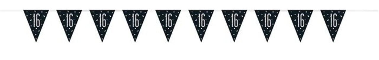 Flaggengirlande „16 Jahre Glitzer Silber-Schwarz“ | 2,75 Meter
