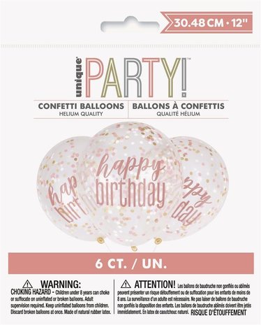 Unique Party Confetti ballonnen Rose Goud Glitz 30cm | 6 stuks