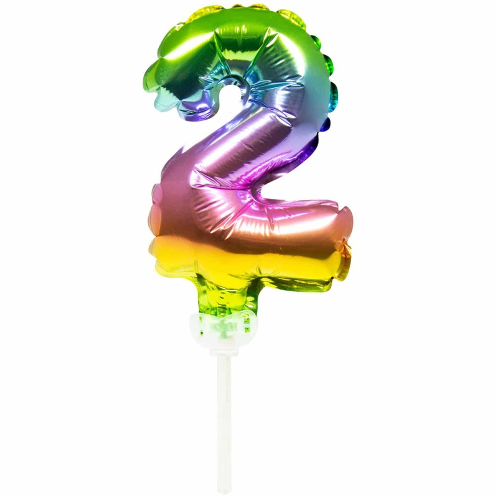 WeFiesta Folienballon-Kuchenaufsatz Regenbogenzahl 2 | 13 cm