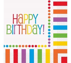 Servet Regenboog stip-streep Happy Birthday | 16 stuks Servet Regenboog stip-streep Happy Birthday | 16 stuks