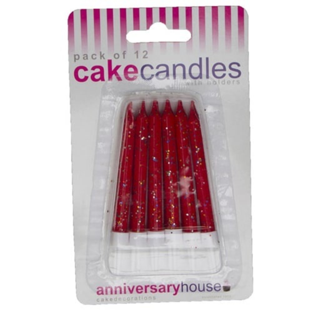 Red glitter cake candles | 12 pieces with holders