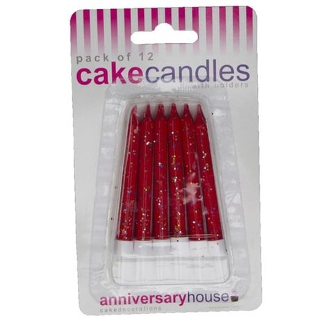 Red glitter cake candles | 12 pieces with holders