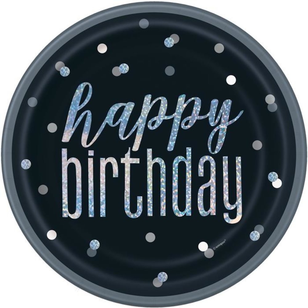 Unique Party Assiettes « Joyeux anniversaire » noires et argentées à paillettes, 23 cm | 8 pièces