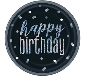 Unique Party Assiettes « Joyeux anniversaire » noires et argentées à paillettes, 23 cm | 8 pièces