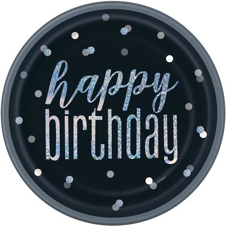 Unique Party Assiettes « Joyeux anniversaire » noires et argentées à paillettes, 23 cm | 8 pièces