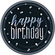 Unique Party Assiettes « Joyeux anniversaire » noires et argentées à paillettes, 23 cm | 8 pièces