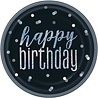 Unique Party Borden Glitz Zwart Zilver Happy Birthday 23cm | 8 stuks Unique Party Borden Glitz Zwart Zilver Happy Birthday 23cm | 8 stuks