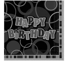 Unique Party Servetten Glitz Zwart Zilver Happy Birthday 33x33cm | 16 stuks