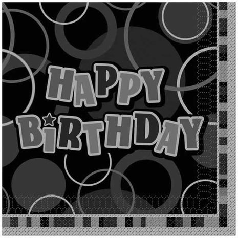 Unique Party Glitz Black Silver Napkins Happy Birthday 33x33cm | 16 pieces