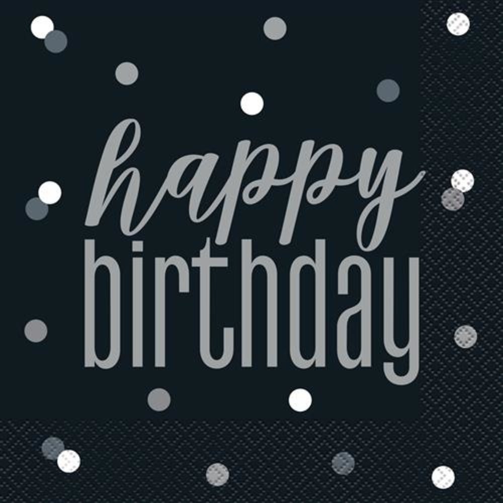 Unique Party Servetten Zwart Zilver Glitz Happy Birthday 33x33cm | 16 stuks Unique Party Servetten Zwart Zilver Glitz Happy Birthday 33x33cm | 16 stuks