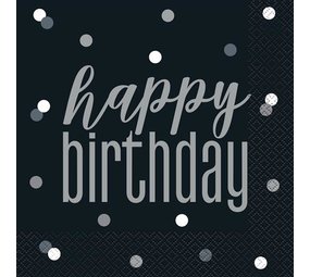 Unique Party Napkins Black Silver Glitter Happy Birthday 33x33cm | 16 pieces